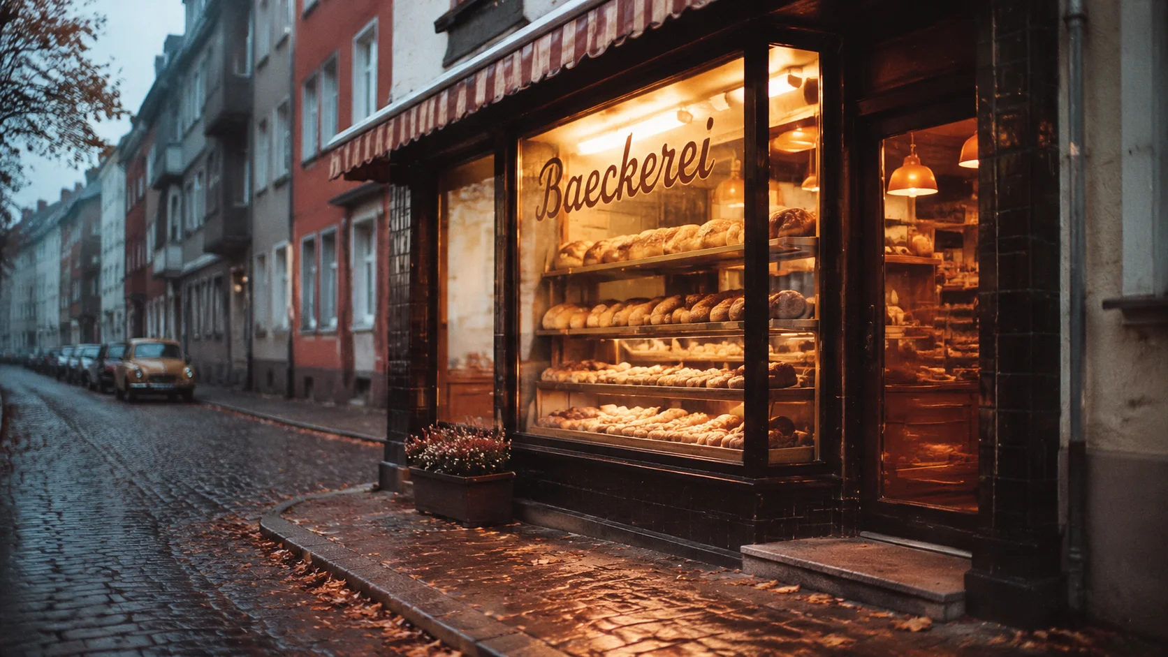 Kamps Bäckerei Gründung 1982 – Schaufenster einer Düsseldorfer Bäckerei bei Dämmerung