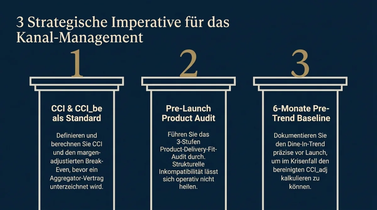 Drei strategische Imperative für das Kanal-Management: CCI und CCI_be als Standard vor Aggregator-Vertrag, Pre-Launch Product-Delivery-Fit-Audit mit drei Strukturfragen, 6-Monate Pre-Trend-Baseline-Dokumentation
