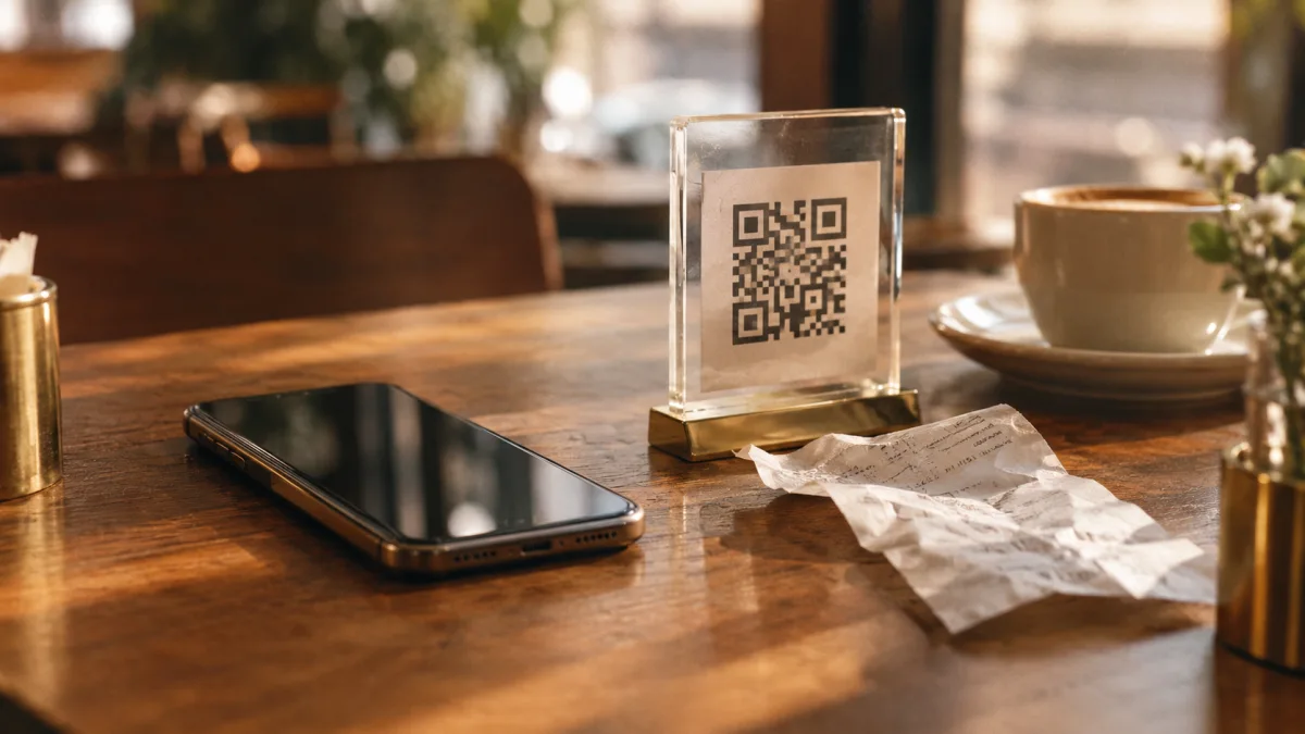 Digitaler Kassenbeleg per Scan-Code neben einem Papierbon auf einem Restauranttisch