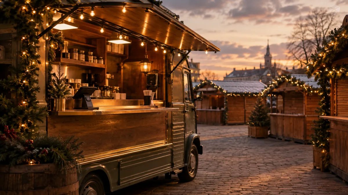 Food Truck mit Kasse auf einem Weihnachtsmarkt, Ort einer möglichen Kassen-Nachschau