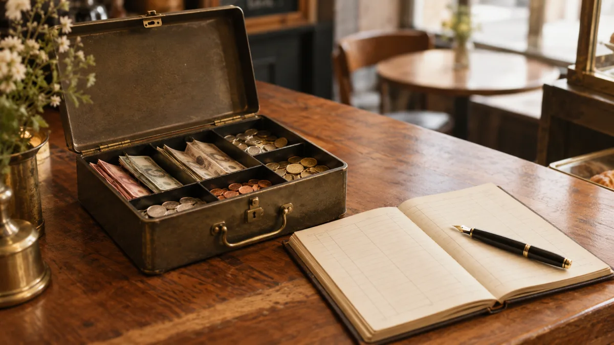 Offene Ladenkasse mit Geldkassette und leerem Kassenbuch auf dem Tresen eines Cafés