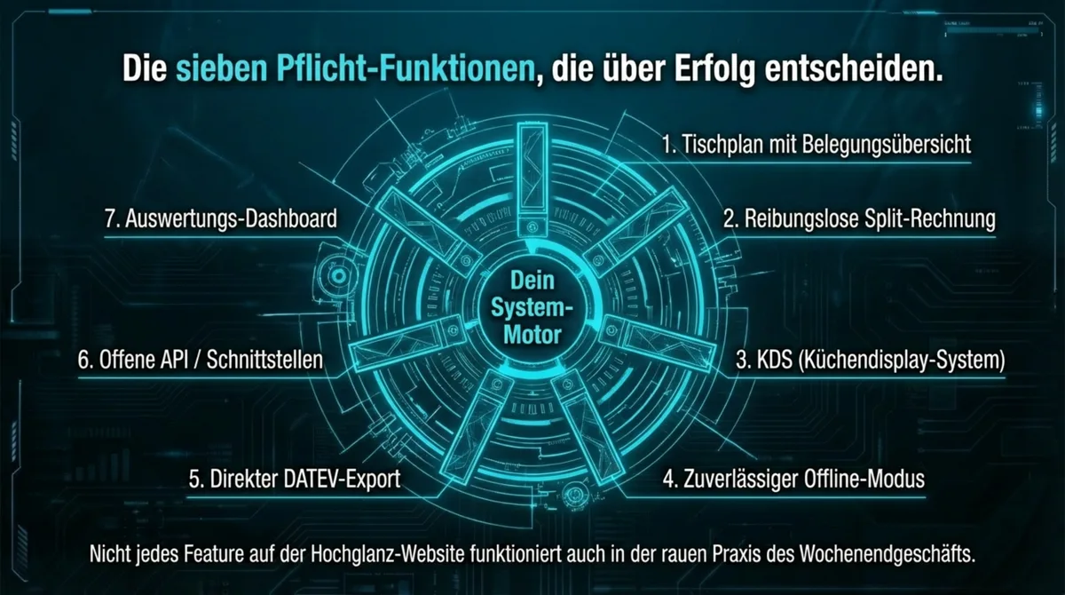 Die 7 Pflichtfunktionen eines Kassensystems in der Gastronomie: Tischplan, Split-Rechnung, KDS, Offline-Modus, DATEV-Export, offene API und Auswertungs-Dashboard