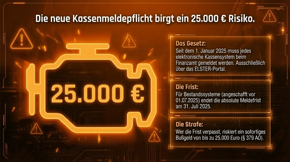 Kassenmeldepflicht Gastronomie: 25.000 Euro Bußgeld bei versäumter ELSTER-Meldung bis 31.07.2025