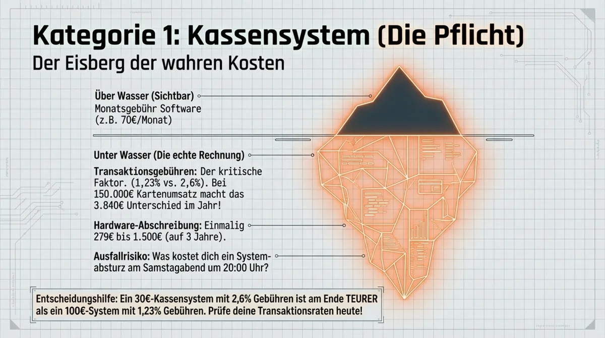 Kassensystem Kosten-Eisberg: Sichtbare Monatsgebühr versus versteckte Kosten durch Transaktionsgebühren, Hardware-Abschreibung und Ausfallrisiko