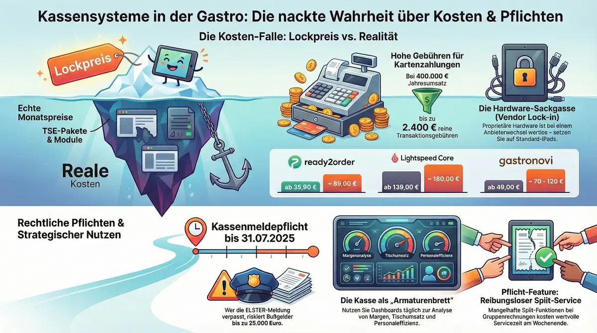 Kassensystem Gastronomie Infografik: Kosten, gesetzliche Pflichten und Systemvergleich im Überblick