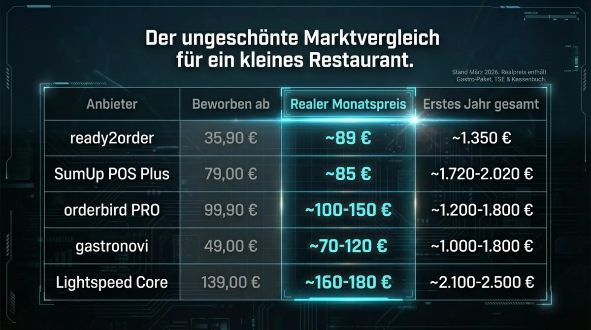 Kassensystem Kostenvergleich 2026: reale Monatspreise von ready2order, SumUp, orderbird, gastronovi und Lightspeed