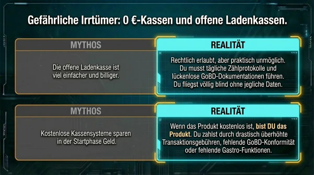 Mythos kostenlose Kasse und offene Ladenkasse: Warum 0-Euro-Kassensysteme in der Gastronomie teurer werden als bezahlte Lösungen