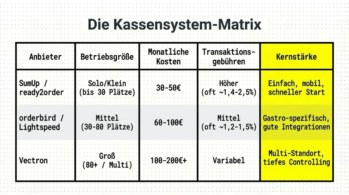 Kassensystem-Matrix: SumUp und ready2order für kleine Betriebe, orderbird und Lightspeed für mittlere, Vectron für große Restaurants