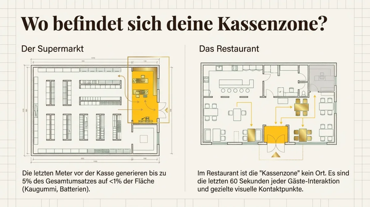 Grundriss-Vergleich Kassenzone im Supermarkt und Restaurant – visuelle Kontaktpunkte