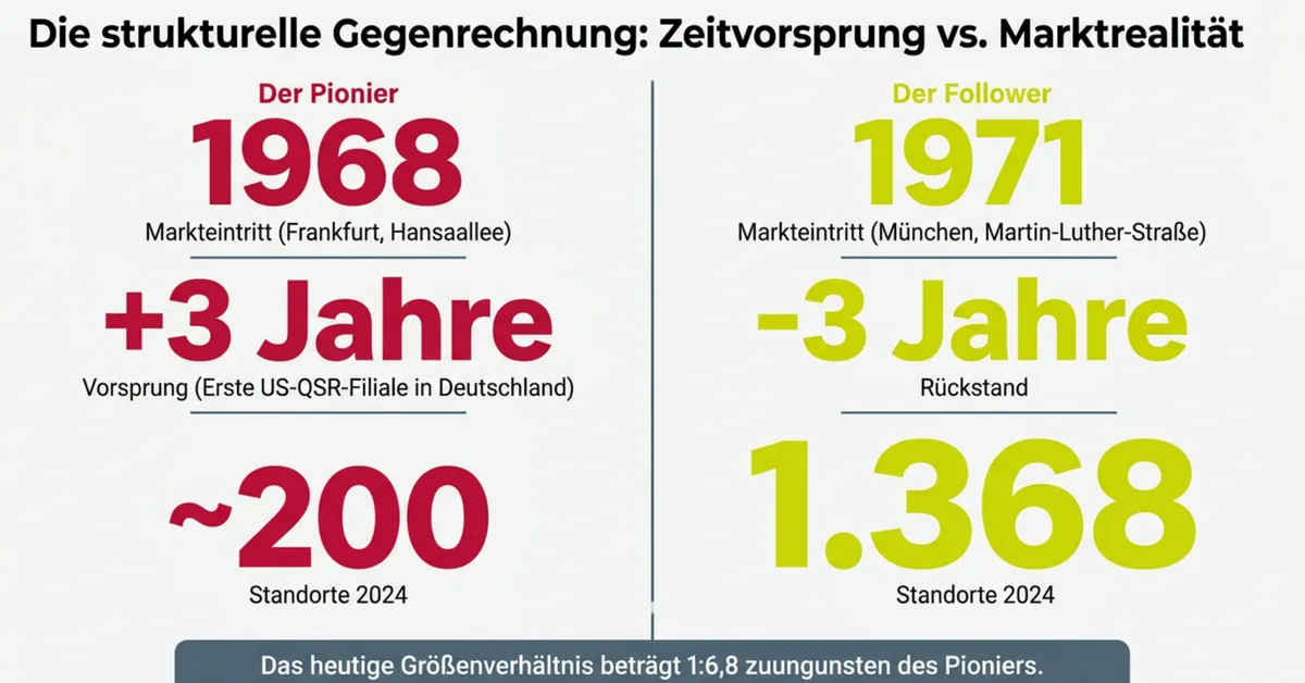 Strukturelle Gegenrechnung KFC 1968 versus McDonald's 1971: Zeitvorsprung und Marktrealität im deutschen QSR-Markt, 200 gegen 1.368 Standorte 2024