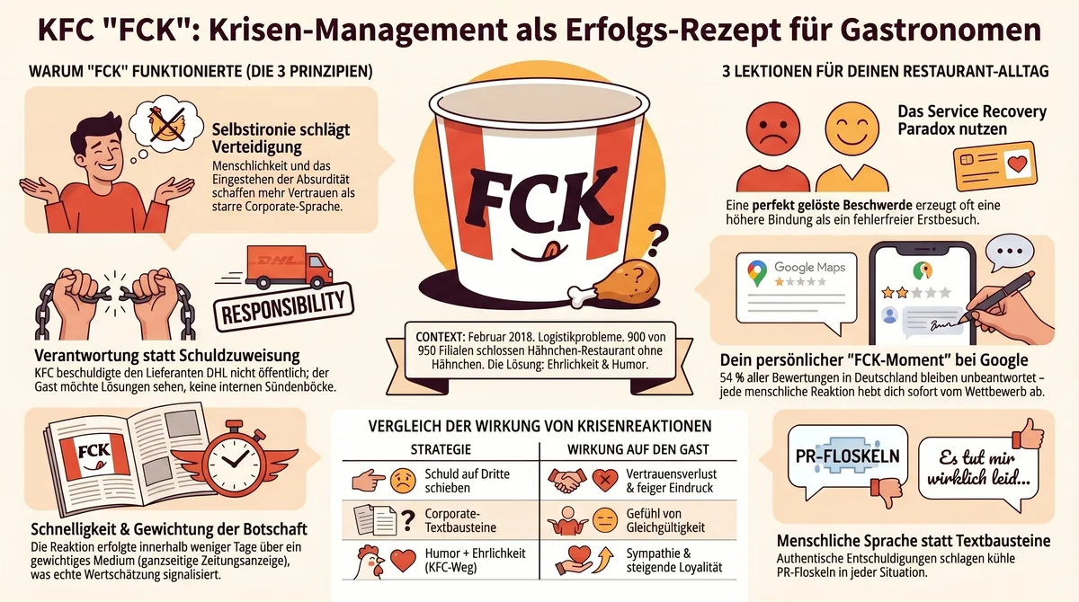KFC FCK Krisenkommunikation Infografik: Prinzipien, Lektionen und der Vergleich von Krisenreaktionen für Gastronomen