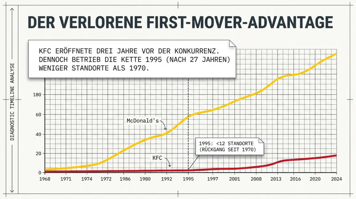 KFC vs McDonald's Standorte Deutschland 1968–2024: KFC startete drei Jahre früher und betrieb 1995 weniger Standorte als 1970