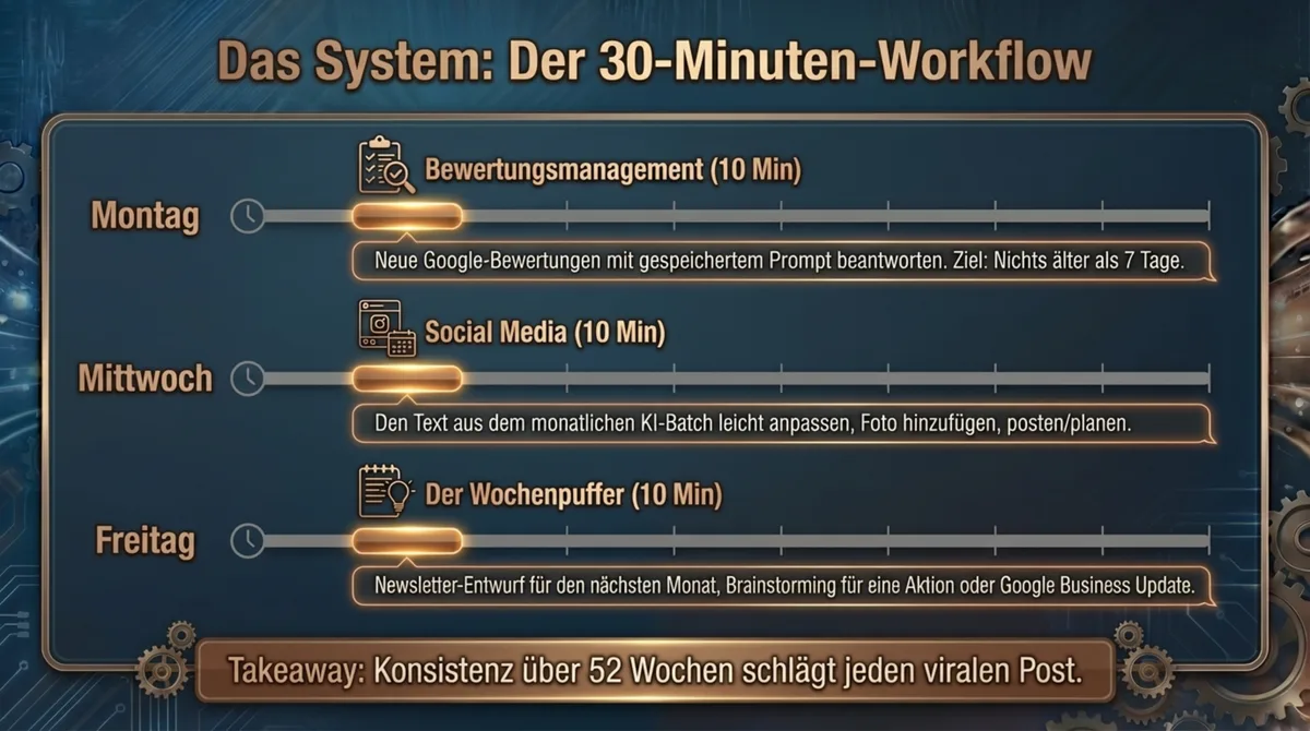 Der 30-Minuten-KI-Wochenplan: Montag Bewertungen, Mittwoch Social Media, Freitag Strategie-Puffer