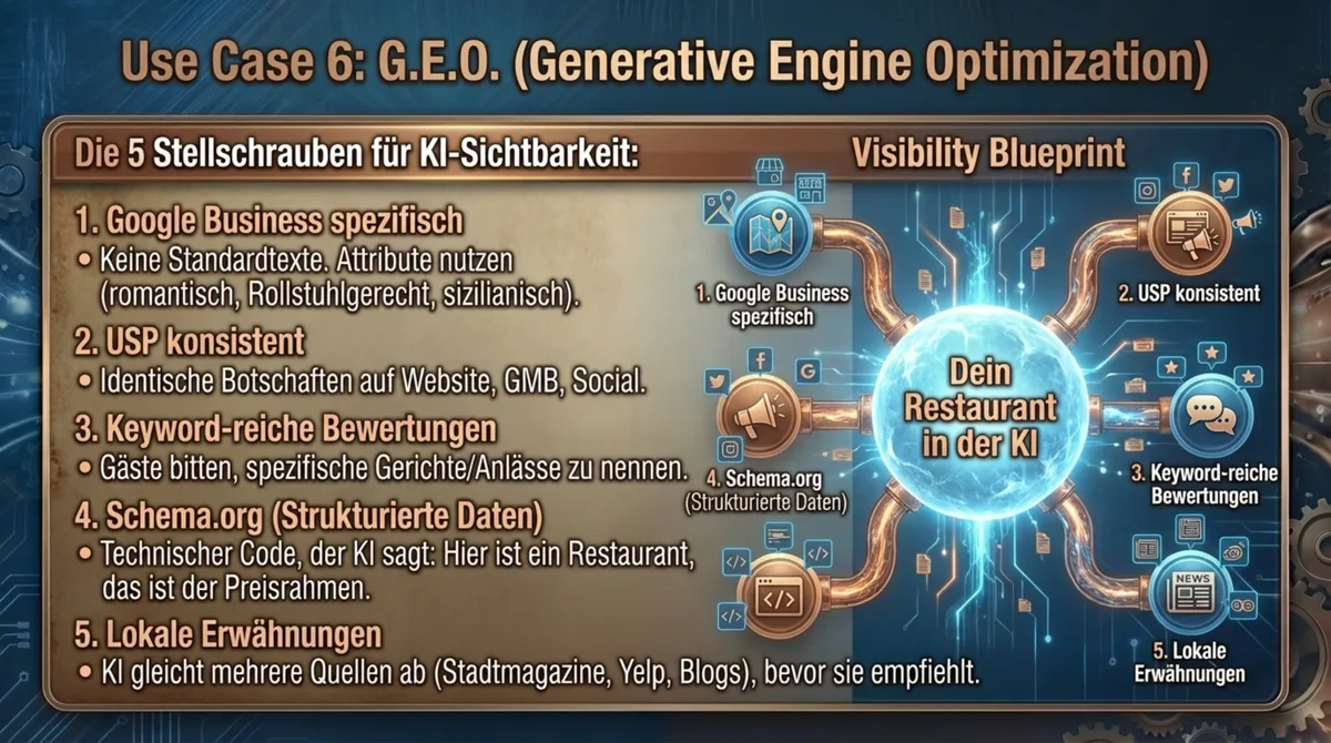 G.E.O. Generative Engine Optimization: 5 Stellschrauben für KI-Sichtbarkeit von Restaurants