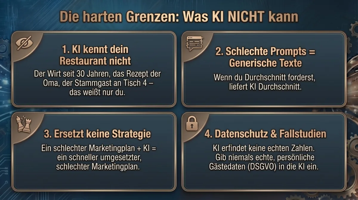 Die harten Grenzen von KI im Restaurant-Marketing: Kein Restaurant-Wissen, schlechte Prompts, keine Strategie, Datenschutz