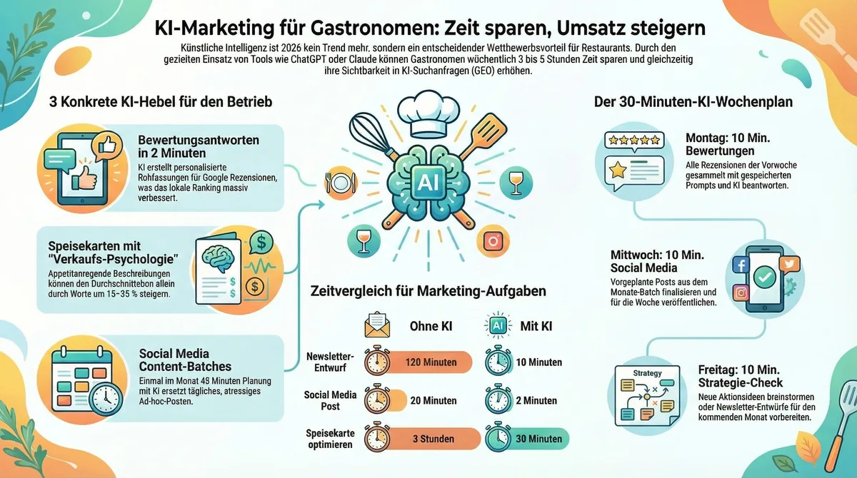 KI Marketing für Gastronomen Infografik: Die 7 wichtigsten Einsatzgebiete, Zeitvergleich und 30-Minuten-Wochenplan