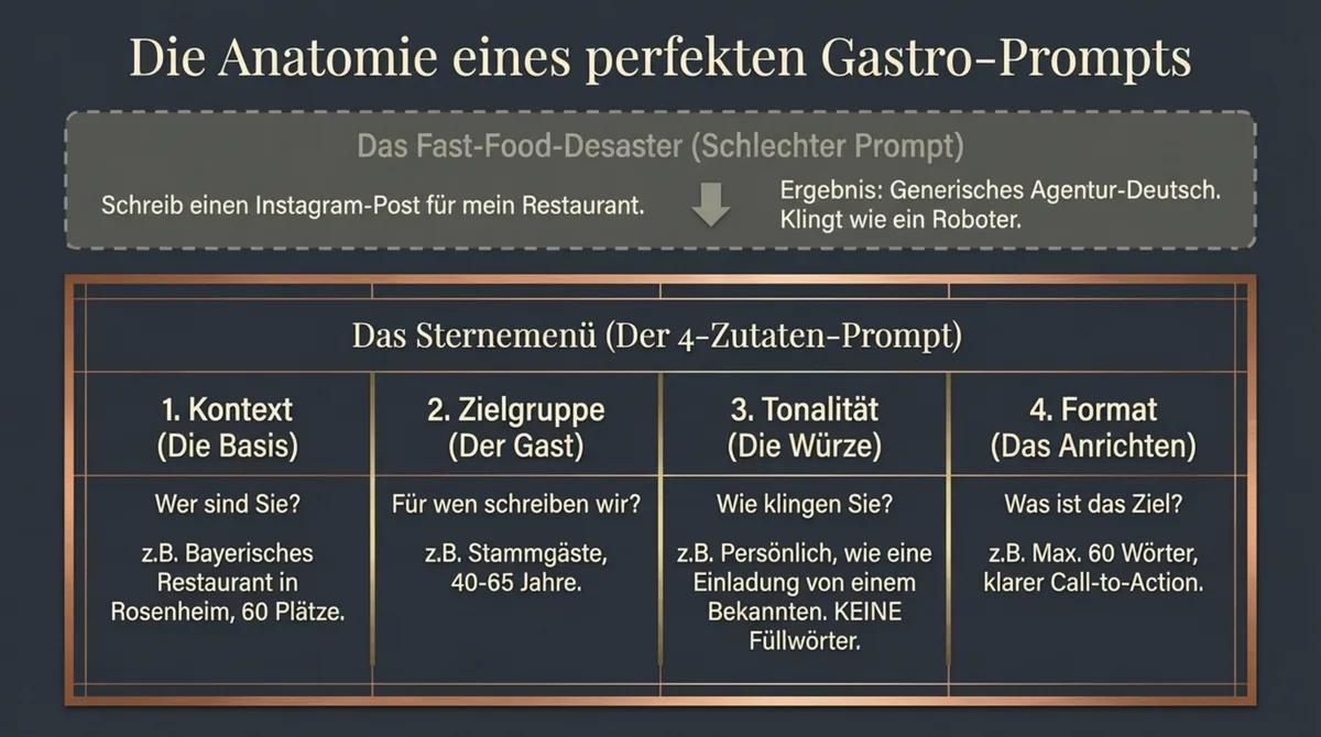 Die Anatomie eines perfekten Gastro-Prompts: 4 Zutaten – Kontext, Zielgruppe, Tonalität und Format