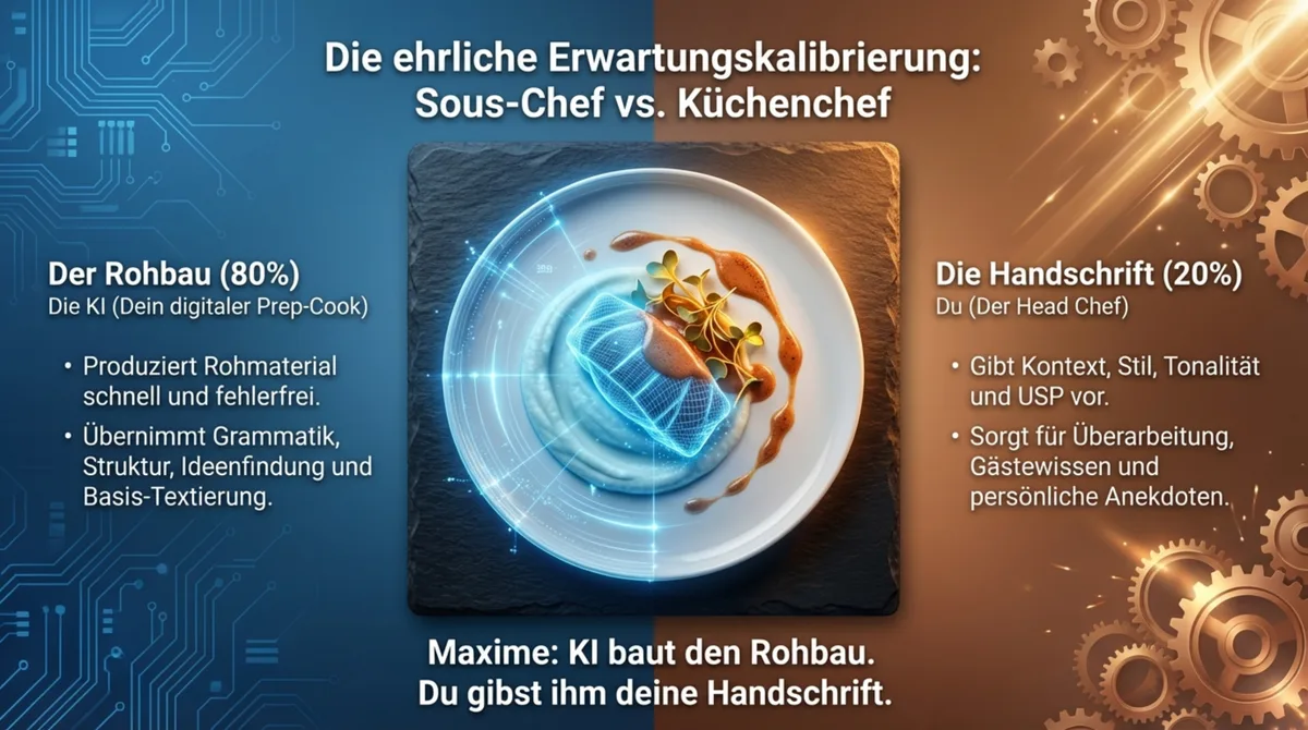 KI als Sous-Chef vs. Gastronom als Küchenchef: 80 Prozent Rohbau durch KI, 20 Prozent persönliche Handschrift