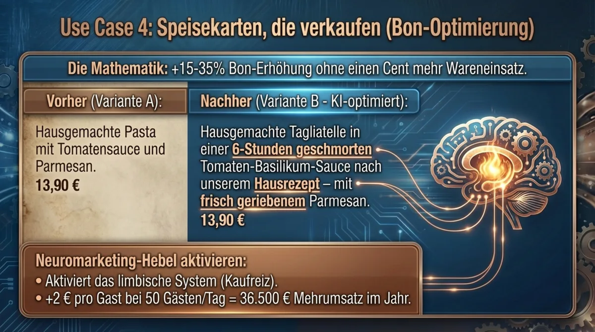 KI-optimierte Speisekarten-Beschreibungen: Vorher-Nachher-Vergleich mit 15-35 Prozent Bon-Erhöhung durch Neuromarketing