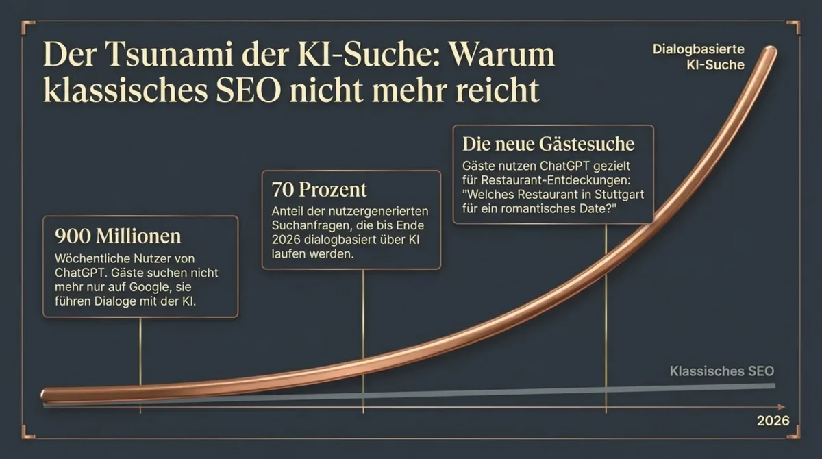 Der Tsunami der KI-Suche: Warum klassisches SEO für Restaurants nicht mehr reicht – 900 Millionen ChatGPT-Nutzer, 70 Prozent dialogbasierte Suchen