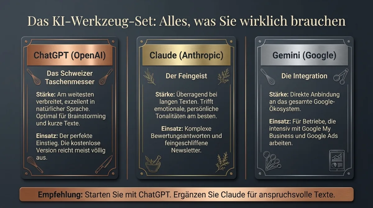 KI-Werkzeug-Set für Restaurants: ChatGPT als Schweizer Taschenmesser, Claude als Feingeist, Gemini für Google-Integration