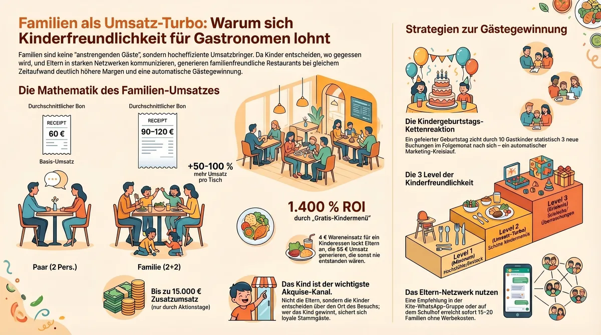 Infografik: Familien als Umsatz-Turbo – Mathematik des Familien-Umsatzes, Kindergeburtstags-Kettenreaktion und Strategien zur Gästegewinnung