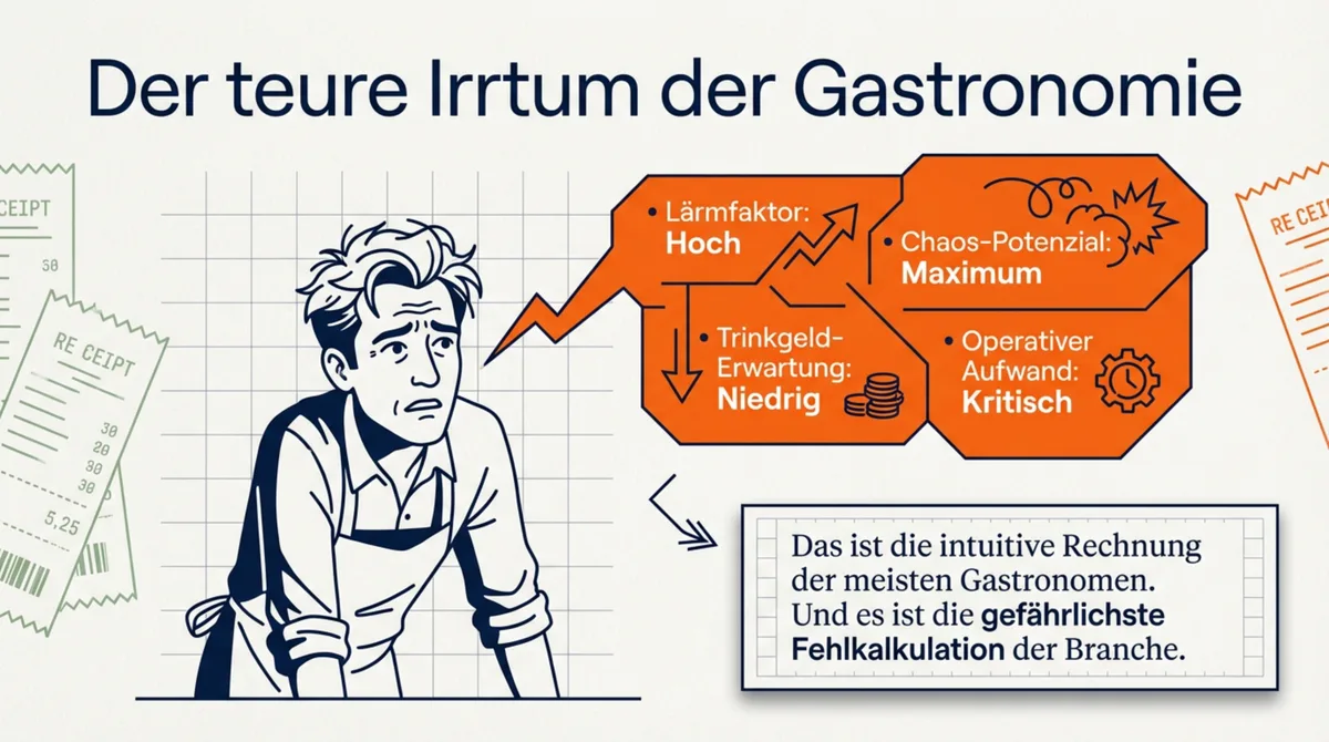 Infografik: Der teure Irrtum der Gastronomie – Lärmfaktor, Chaos-Potenzial und niedrige Trinkgeld-Erwartung als Fehlkalkulation
