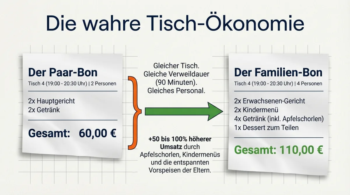 Infografik: Die wahre Tisch-Ökonomie – Paar-Bon 60 Euro vs. Familien-Bon 110 Euro am gleichen Tisch in 90 Minuten