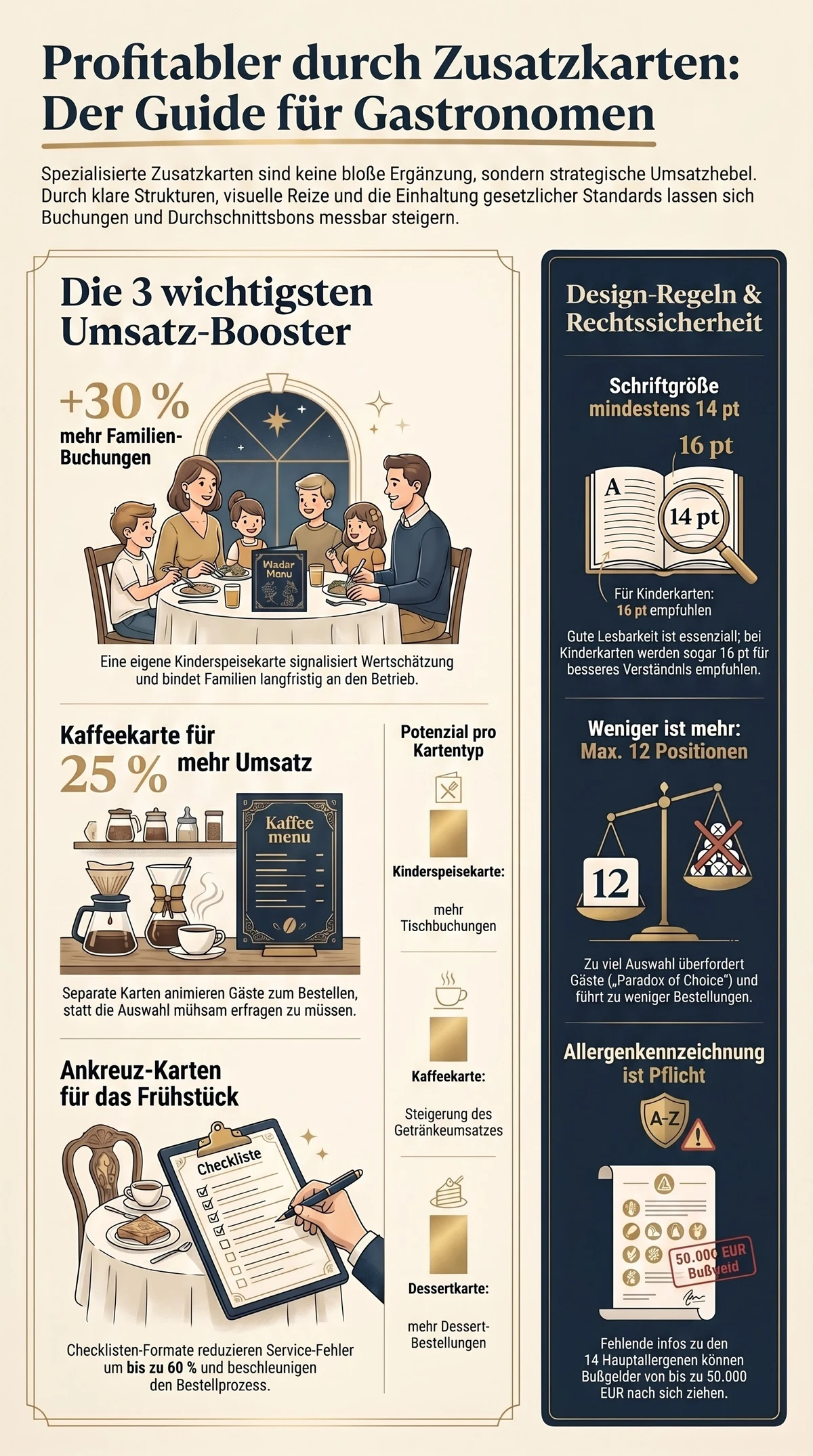 Kinderspeisekarte, Frühstückskarte und Kaffeekarte Vorlage – Infografik Umsatzbooster für Gastronomen