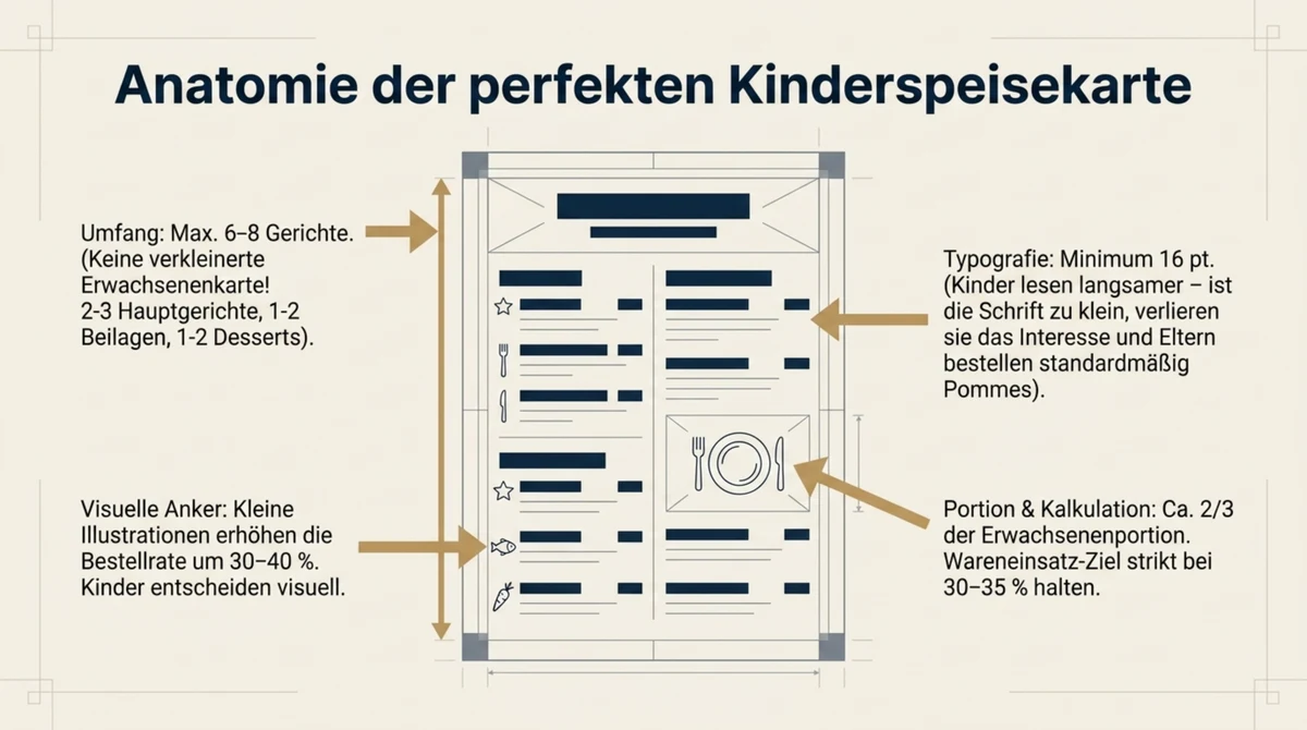 Anatomie der perfekten Kinderspeisekarte Vorlage: Schriftgröße 16 pt, max. 6–8 Gerichte, Bilder für visuelle Entscheidungen