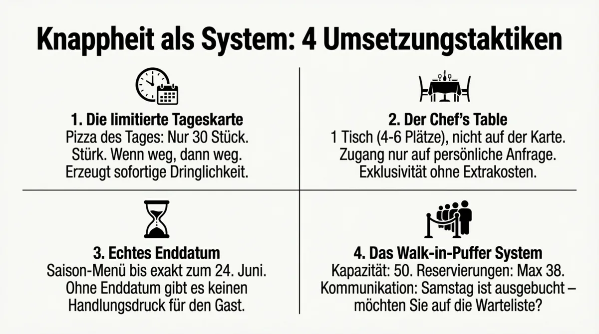 Vier Knappheits-Taktiken für Restaurants: Limitierte Tageskarte, Chef's Table, Echtes Enddatum, Walk-in-Puffer System
