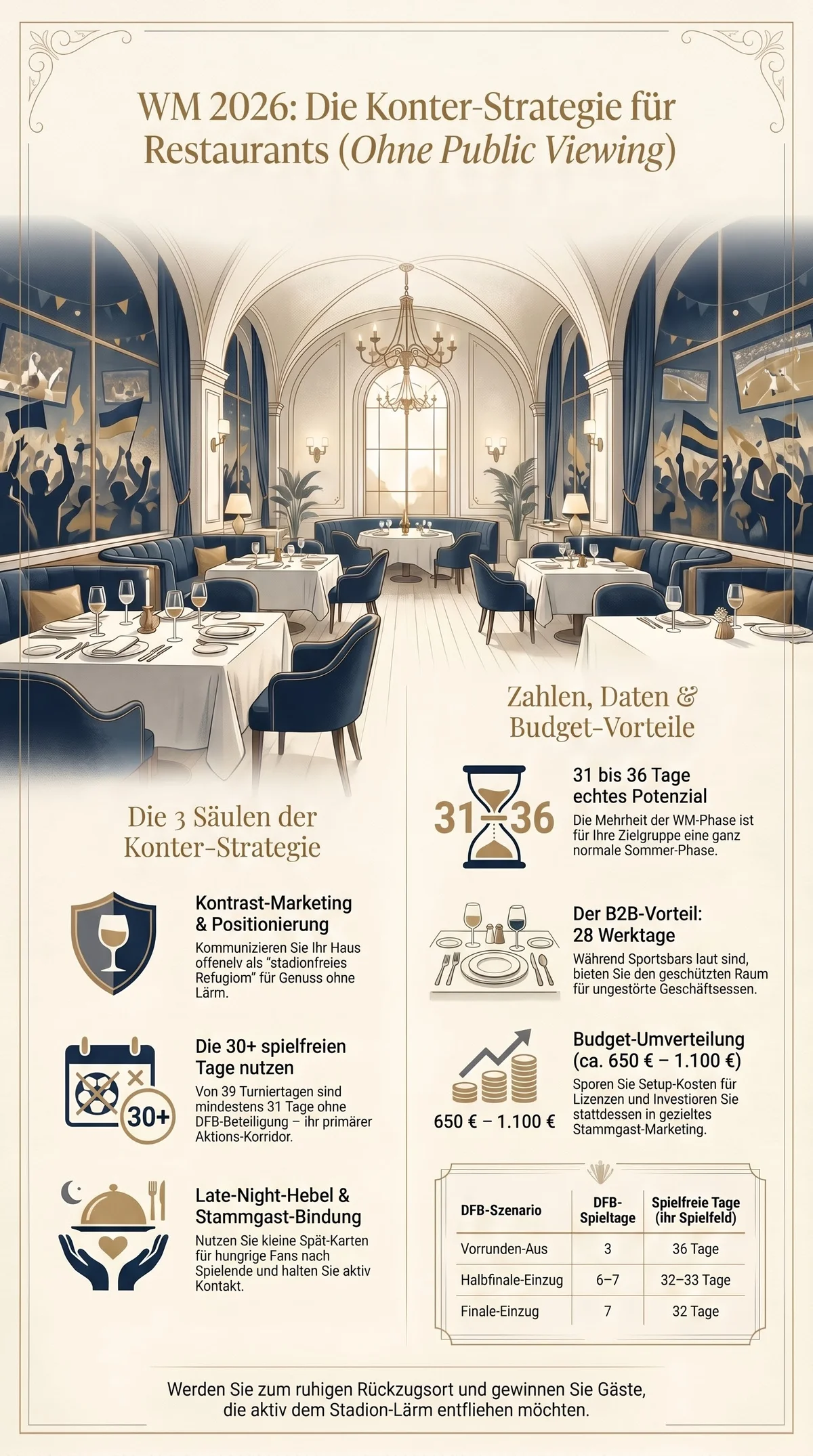 Infografik Konter-Strategie WM 2026: Zahlen, Daten und Budget-Vorteile – 31 bis 36 spielfreie Tage, 28 B2B-Werktage, Budget-Umverteilung 650 bis 1100 Euro