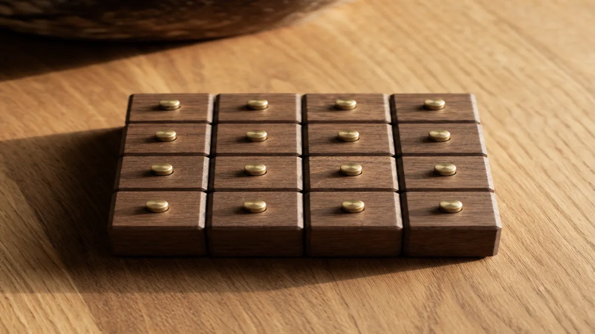 Sechzehn Walnut-Holzklötze im Raster als Sinnbild für das bundeslandspezifische Gaststättenrecht