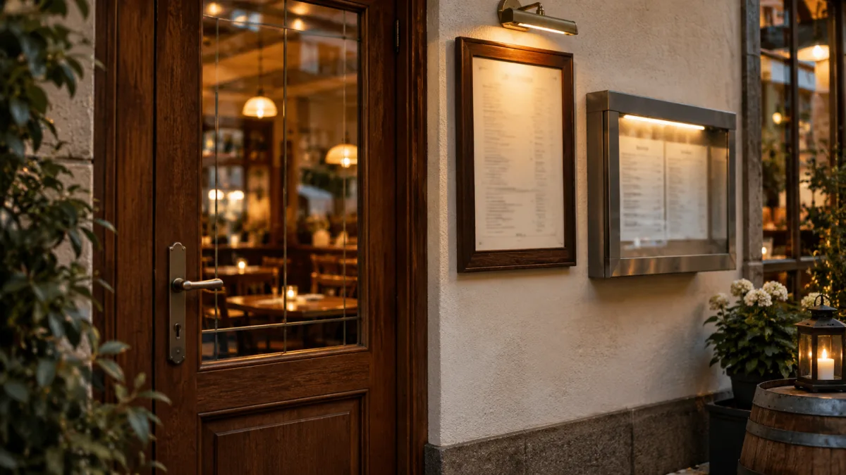 Eingangsbereich eines Restaurants mit Preisaushang neben der Tür