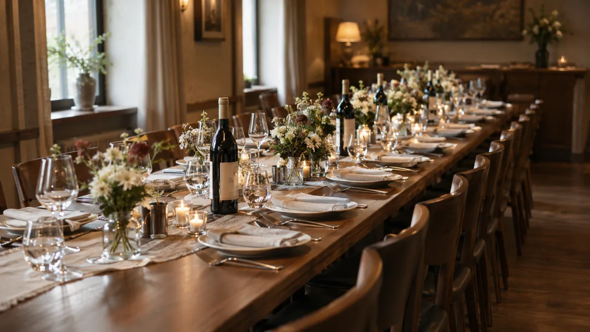 Festlich eingedeckte lange Tafel für eine Familienfeier mit Weinflaschen auf dem Tisch