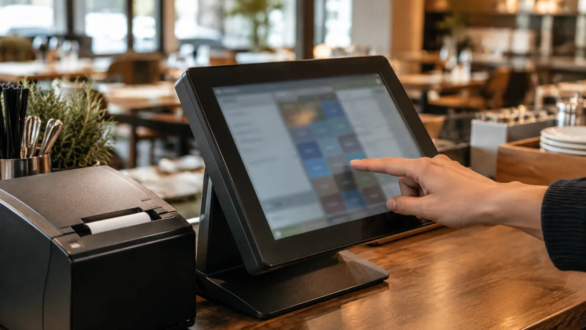 Finger tippt an der Touchscreen-Kasse auf eine Artikeltaste, daneben der Bondrucker
