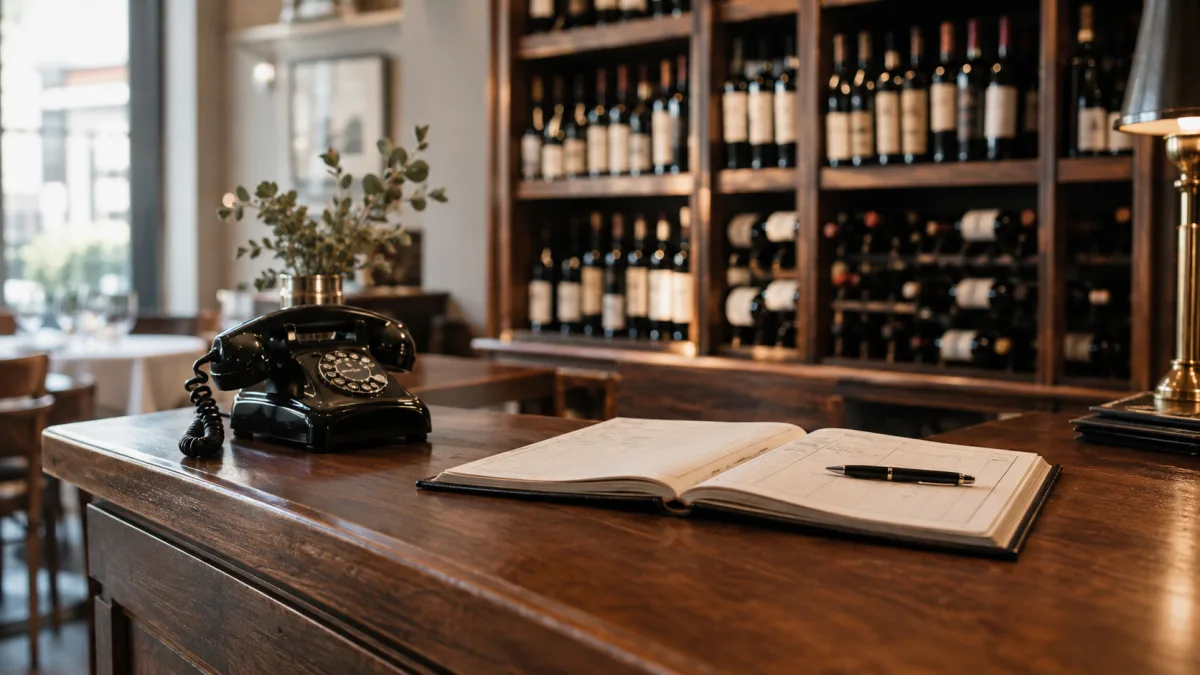 Telefon und aufgeschlagenes Reservierungsbuch auf dem Tresen, im Hintergrund ein Weinregal