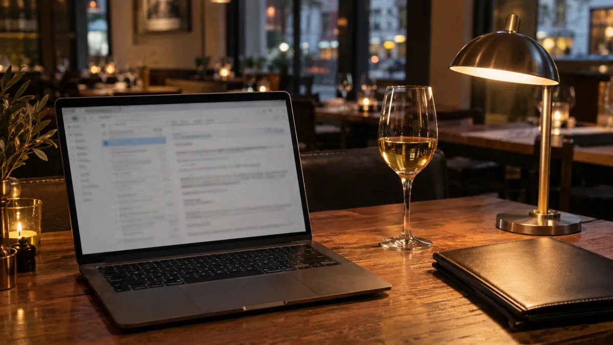 Laptop mit geöffnetem E-Mail-Postfach auf einem Tisch im Gastraum, daneben ein Glas Weißwein und eine Ledermappe