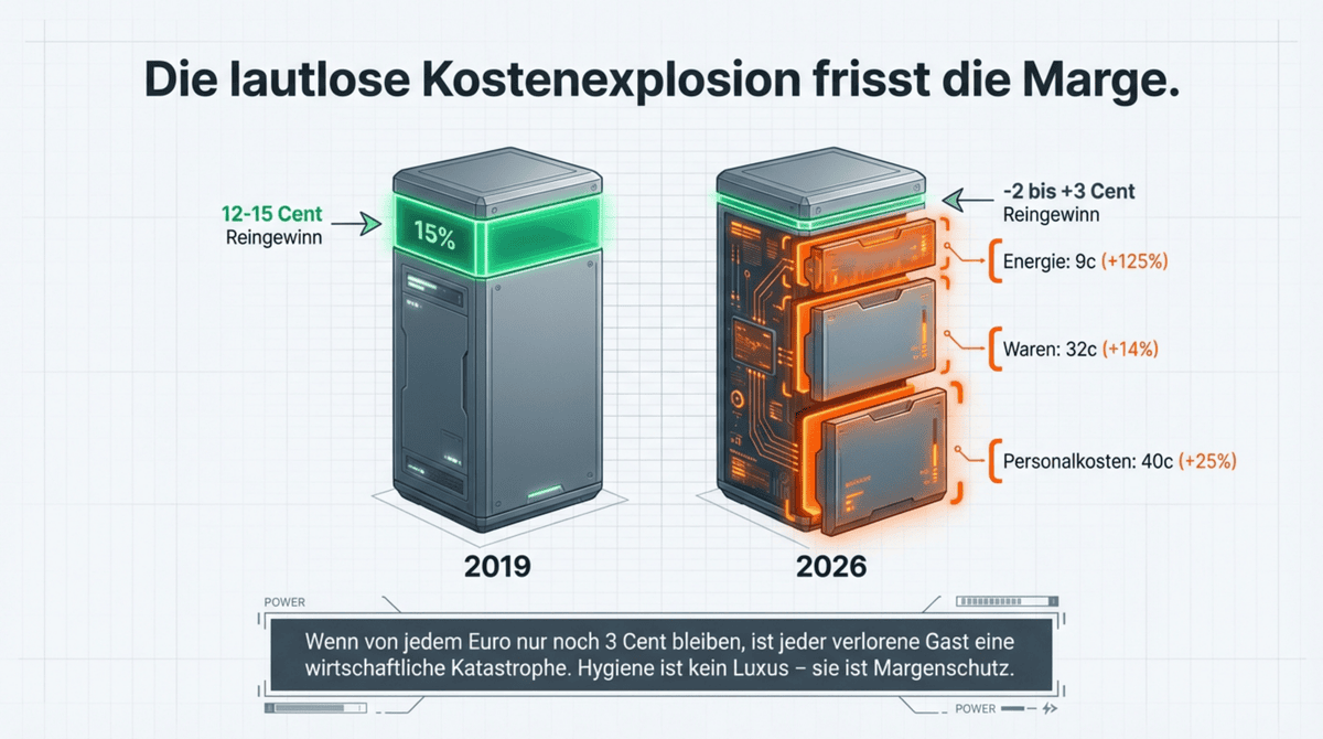 Kostenexplosion Gastronomie: Margenverfall von 12-15 Cent Reingewinn (2019) auf minus 2 bis plus 3 Cent (2026) durch steigende Personal-, Waren- und Energiekosten