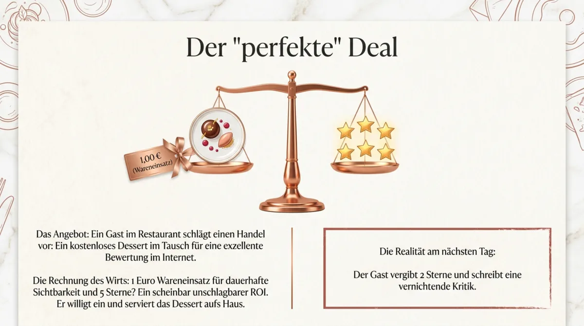 Der scheinbar perfekte Deal in der Gastronomie: Ein Euro Wareneinsatz für ein kostenloses Dessert gegen fünf Sterne Bewertung – die Realität bringt zwei Sterne und vernichtende Kritik