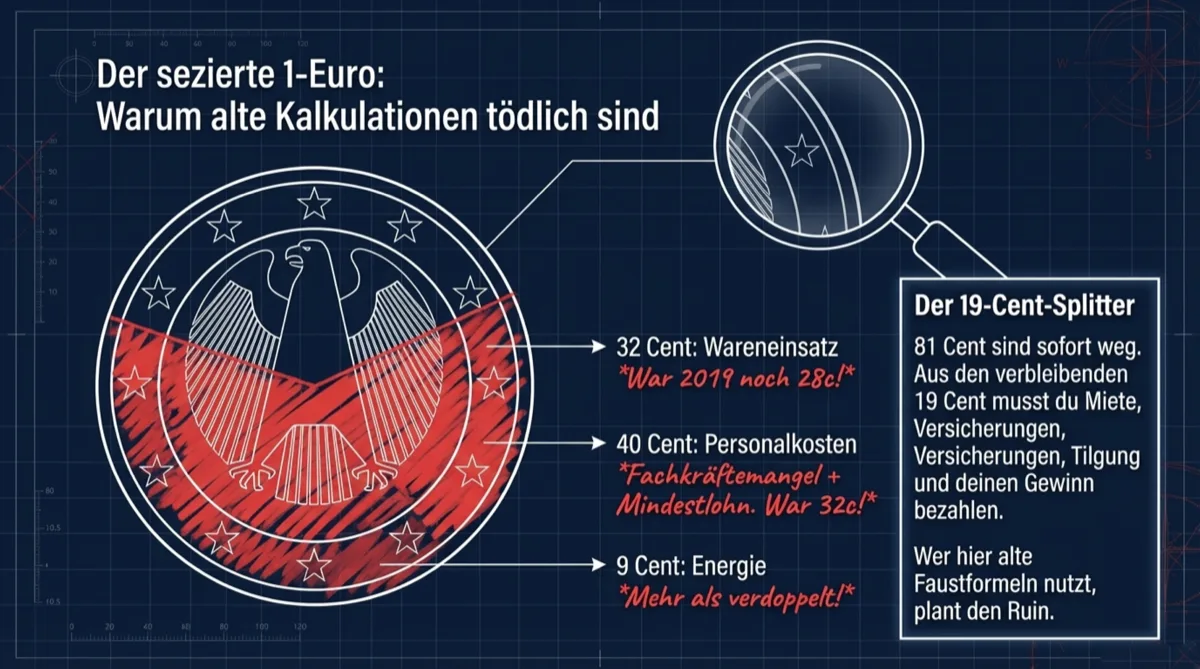 Infografik: Der sezierte 1-Euro in der Gastronomie 2026 — Wareneinsatz 32 Cent, Personal 40 Cent, Energie 9 Cent