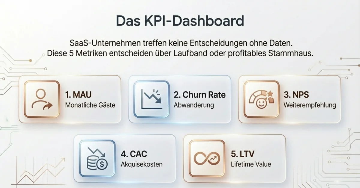 Das KPI-Dashboard für Restaurants: MAU monatliche Gäste, Churn Rate Abwanderung, NPS Weiterempfehlung, CAC Akquisekosten und LTV Lifetime Value