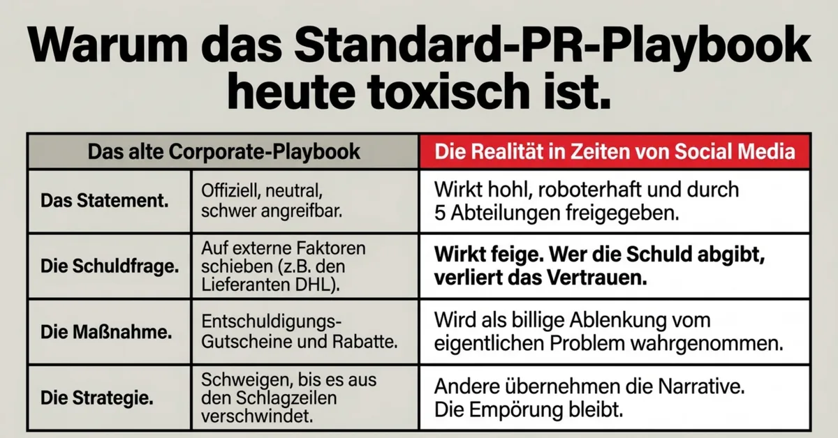Das Standard-PR-Playbook in der Krise: Corporate-Sprache, Schuldzuweisung, Schweigen – und warum es nicht mehr funktioniert
