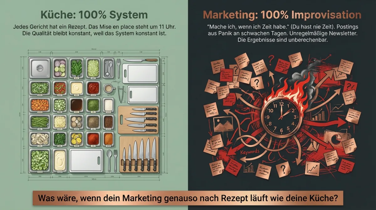 Vergleich: Küche 100% System vs. Marketing 100% Improvisation – warum Gastronomen im Improvisionsmodus feststecken