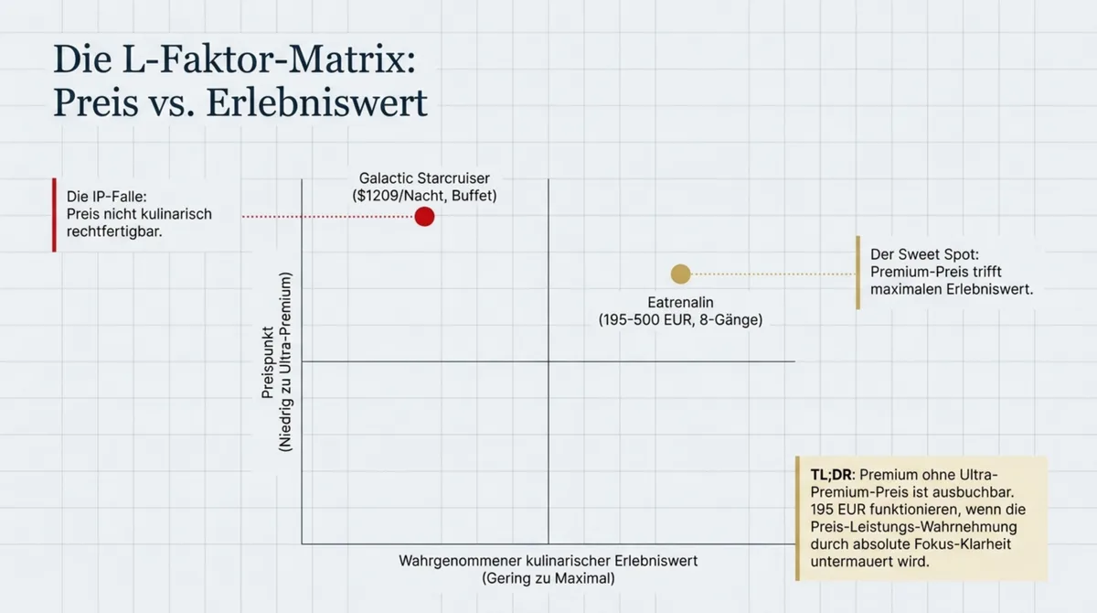 L-Faktor-Matrix: Preis vs. wahrgenommener Erlebniswert – Eatrenalin im Sweet Spot bei 195–500 EUR, Galactic Starcruiser in der IP-Falle bei 1.209 USD pro Nacht