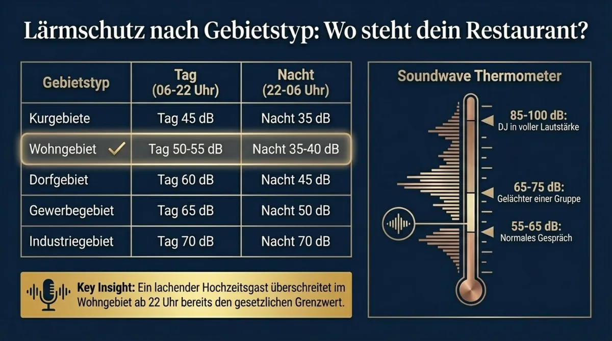 dB-Grenzwerte nach Gebietstyp für Hochzeiten im Restaurant: TA Lärm Übersicht mit Tagwerten und Nachtwerten