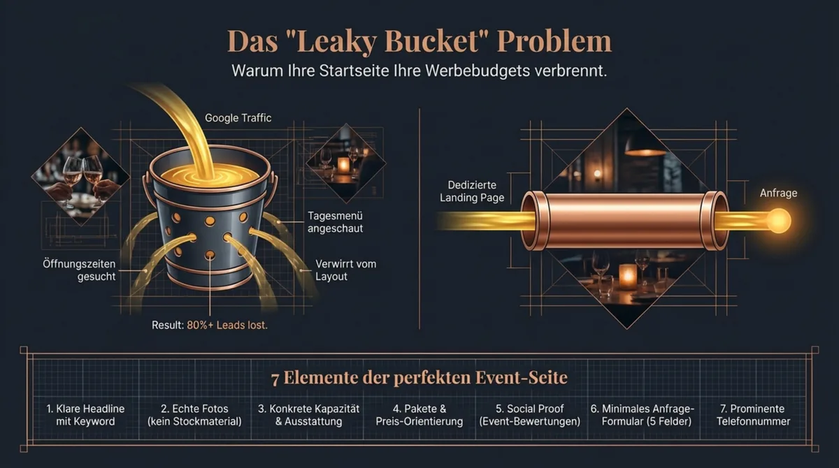 Das Leaky Bucket Problem: Startseite verbrennt 80 Prozent der Leads — dedizierte Landing Page mit 7 Elementen konvertiert direkt zur Anfrage