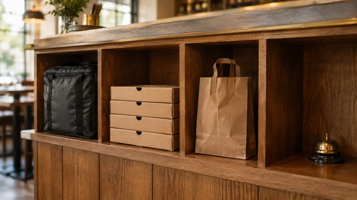 Abholregal im Restaurant mit Liefertasche, Pizzakartons und Abholtüte als Alternativen zu Lieferando