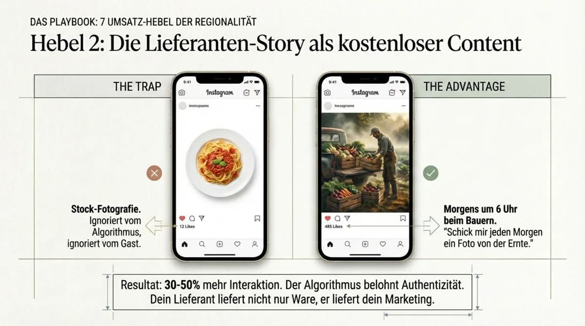 Lieferanten-Story als kostenloser Social-Media-Content: authentisches Foto vom Bauern bringt 30-50% mehr Interaktion