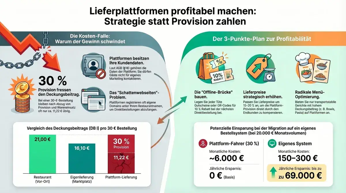 Lieferplattformen profitabel machen: 3-Punkte-Plan mit Deckungsbeitrag-Vergleich und Plattform vs. Eigenregie-Kostenrechnung